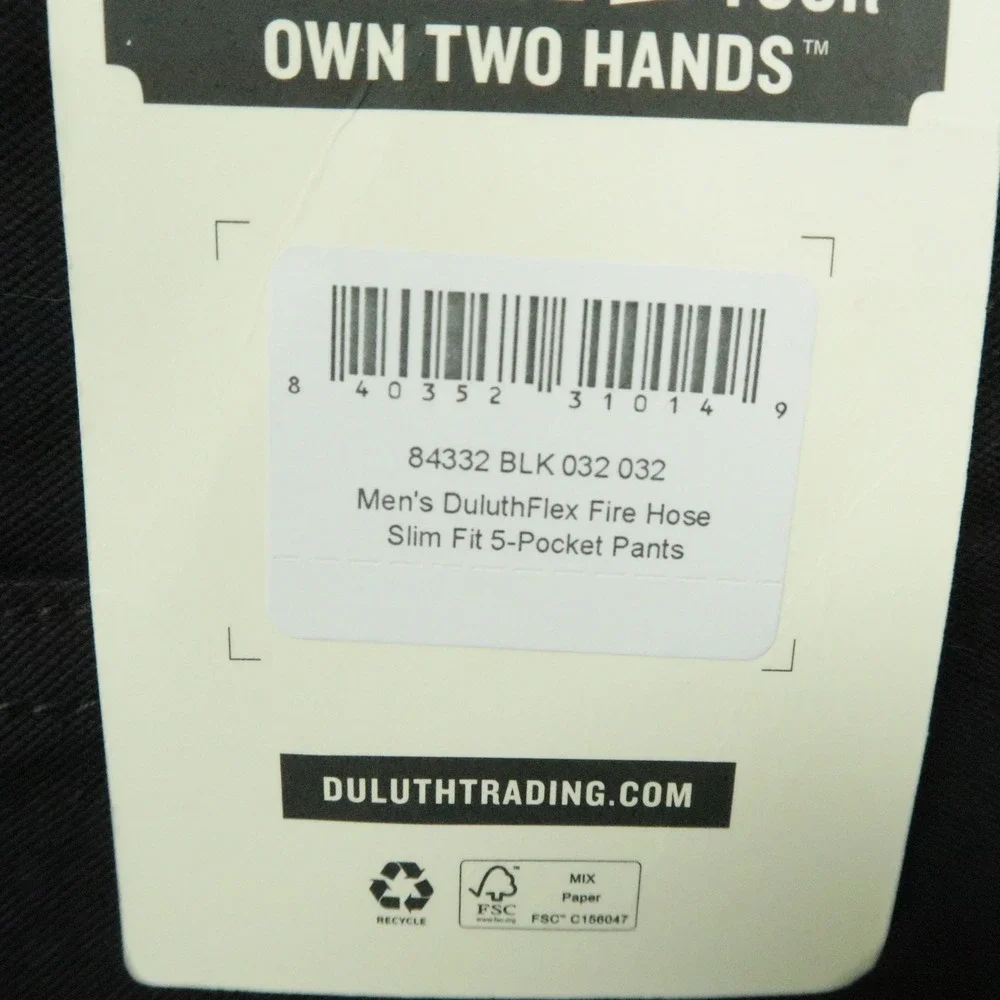 Duluth Pants Mens 32x32 Black DuluthFlex Fire Hose Slim Fit 5 Pocket Trouser